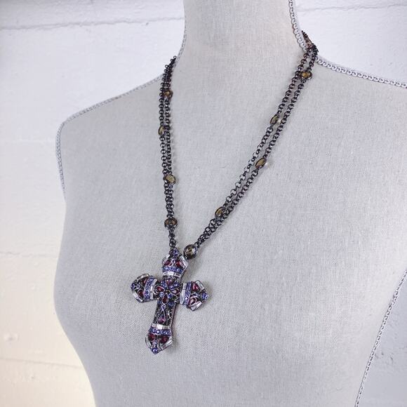 Real Collectibles by Adrienne Glass Rhinestone Cross Pendant Necklace Purple 50" - Picture 6 of 13